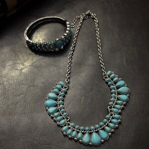 Turquoise Teardrop Bib Necklace and Bracelet Set - Women Jewelry Necklaces